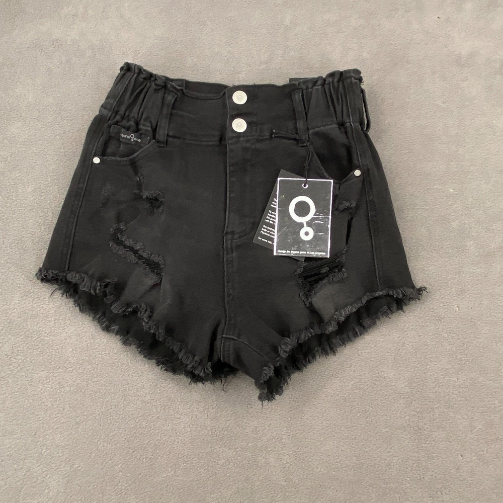 Insane Gene High Waisted Shorts Womens XS Black Denim Distressed Frayed Hem